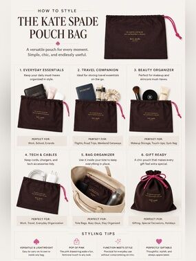 Kate Spade Dark Brown Pouch with Pink Drawstring